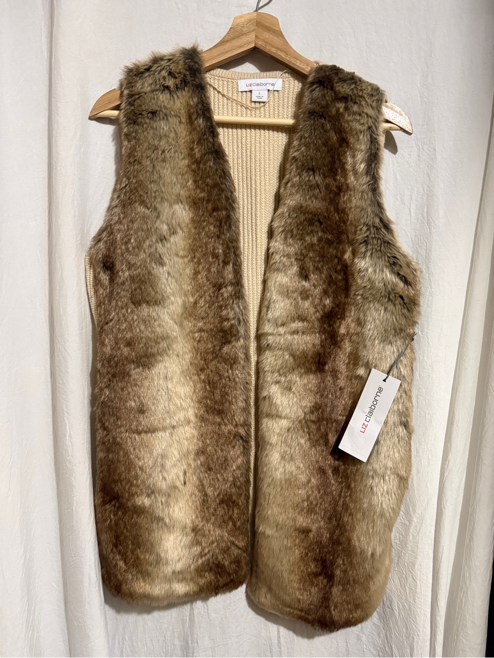 Liz Claiborne Faux Fur Vest in Taupe and Light Brown